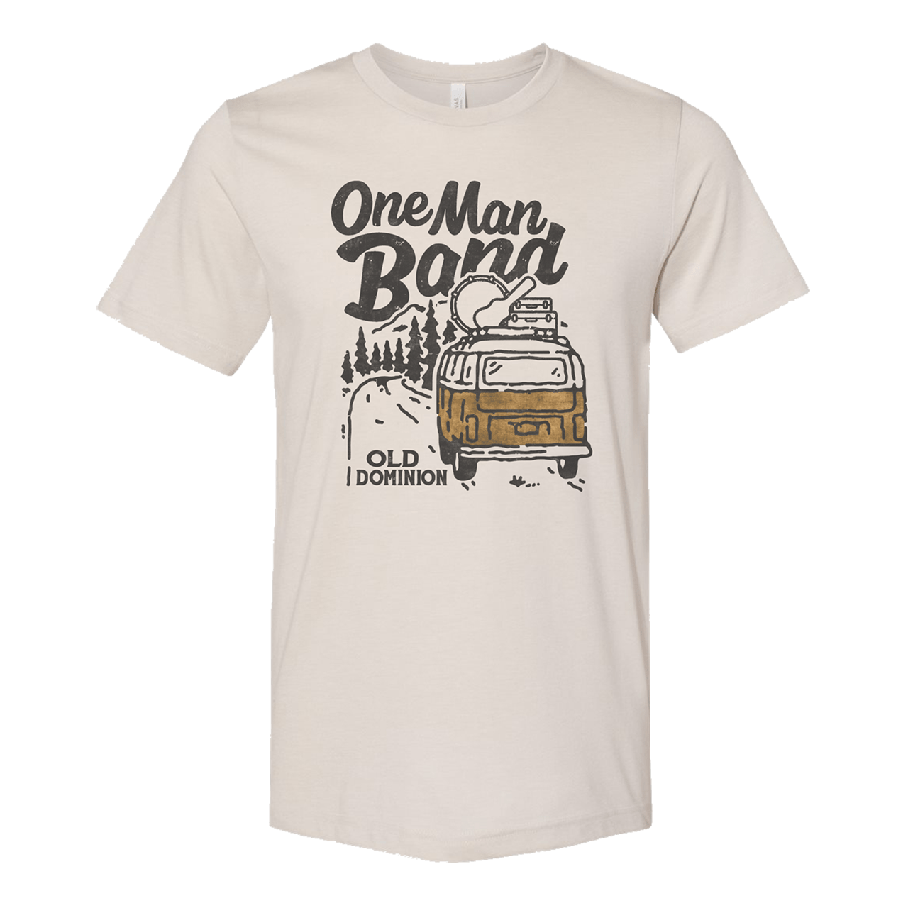 graphic shirt with a vw bus driving down a road lined with pine trees