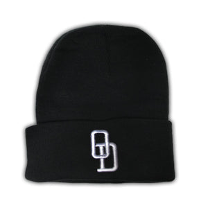 Black knit beanie with O and D embroidered letters